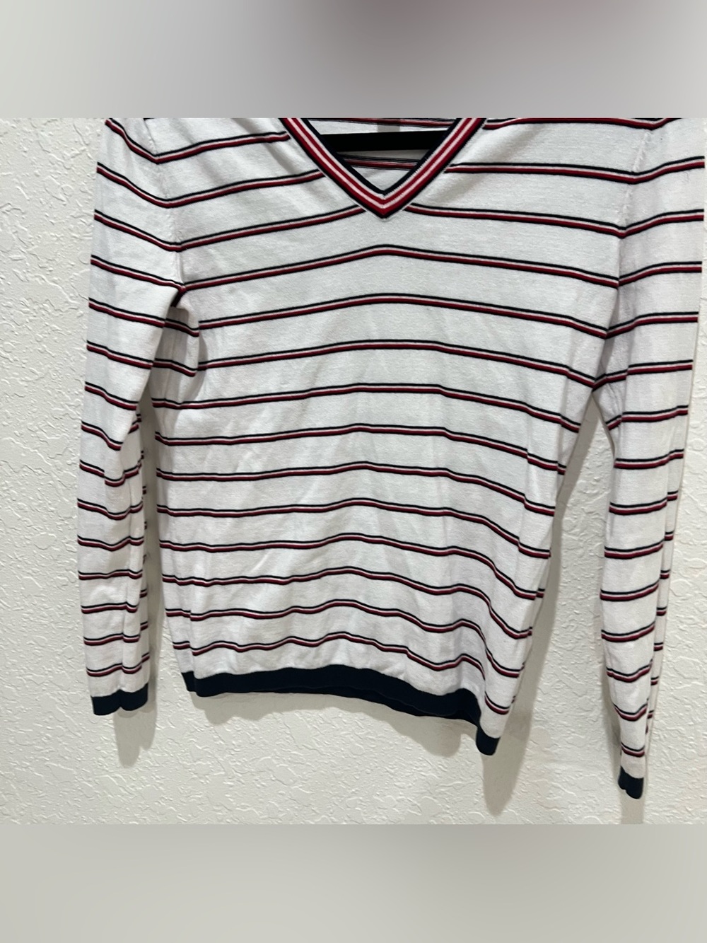 Tommy Hilfiger White V-Neck Sweater with Red and Navy Stripes